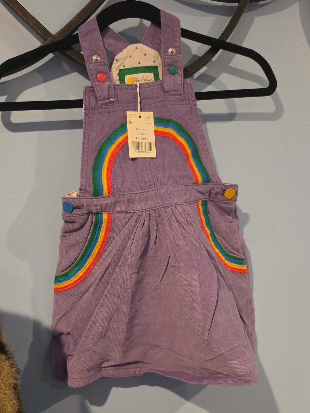 NWT Mini Boden Lavender Corduroy Rainbow Patch Overall Dress